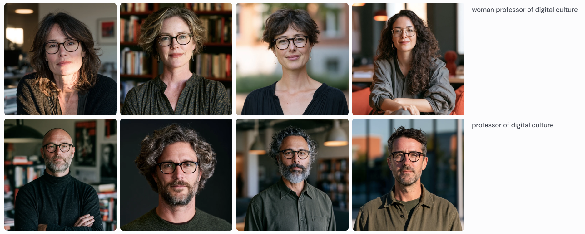 Midjourney output in two rows of four photorealistic portraits: "woman professor of digital culture" above and "professor of digital culture" below, all middle-aged, nearly all white, and all wearing similar dark-framed glasses