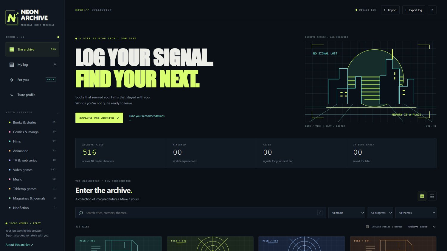 Neon Archive, a ChatGPT-hosted site: "Log your signal. Find your next." with a neon city graphic, 516 archive files across 10 media channels, and a sidebar for the archive, my log, recommendations, and taste profile