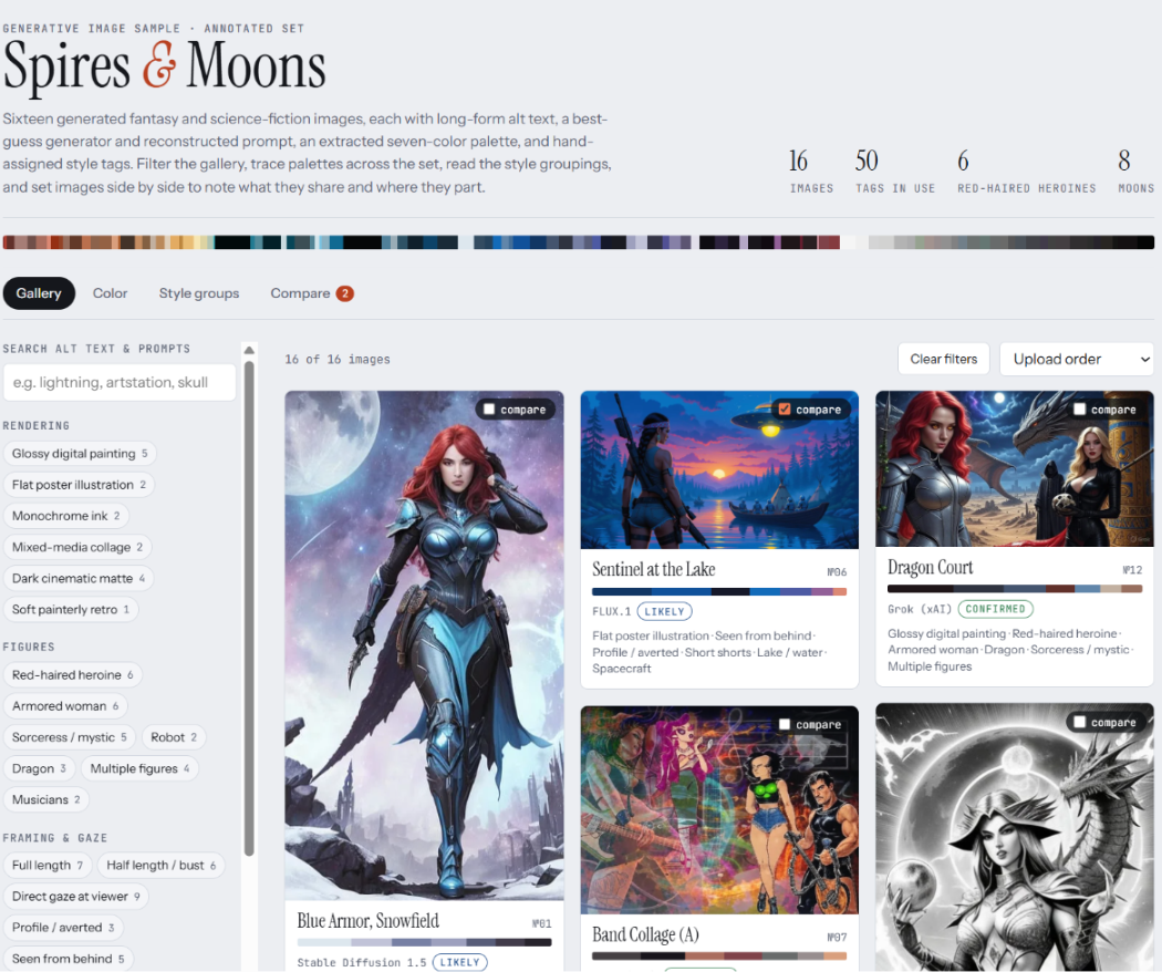 The Spires & Moons artifact: a gallery of generated fantasy and science-fiction images with filter tags for rendering style, figures, and framing, plus a combined color strip for the set