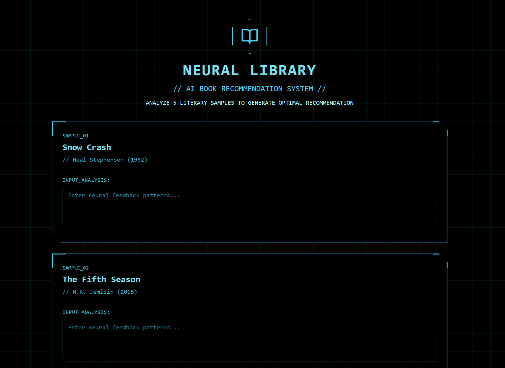 Archived 2025 sample of an AI-powered recommender interface, showing a "Neural Library" screen with numbered book samples and free-text input boxes