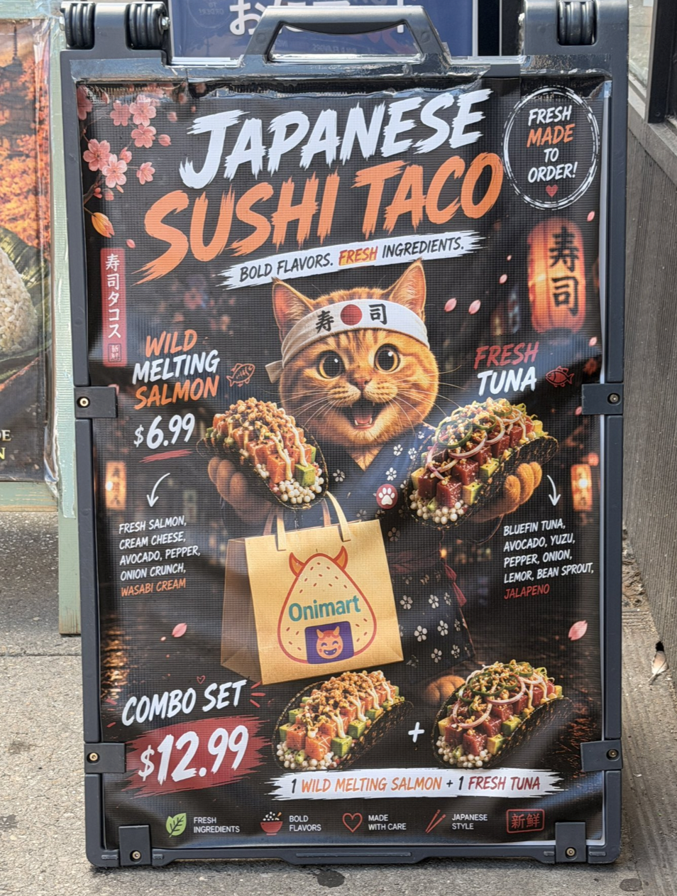 AI-generated sandwich-board flyer for a Japanese sushi taco with a cartoon cat in a headband