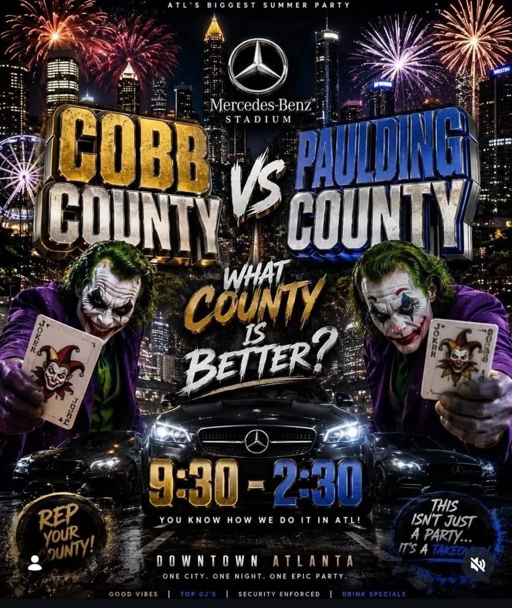 AI-generated party flyer: Cobb County vs. Paulding County at Mercedes-Benz Stadium, with two Jokers holding cards
