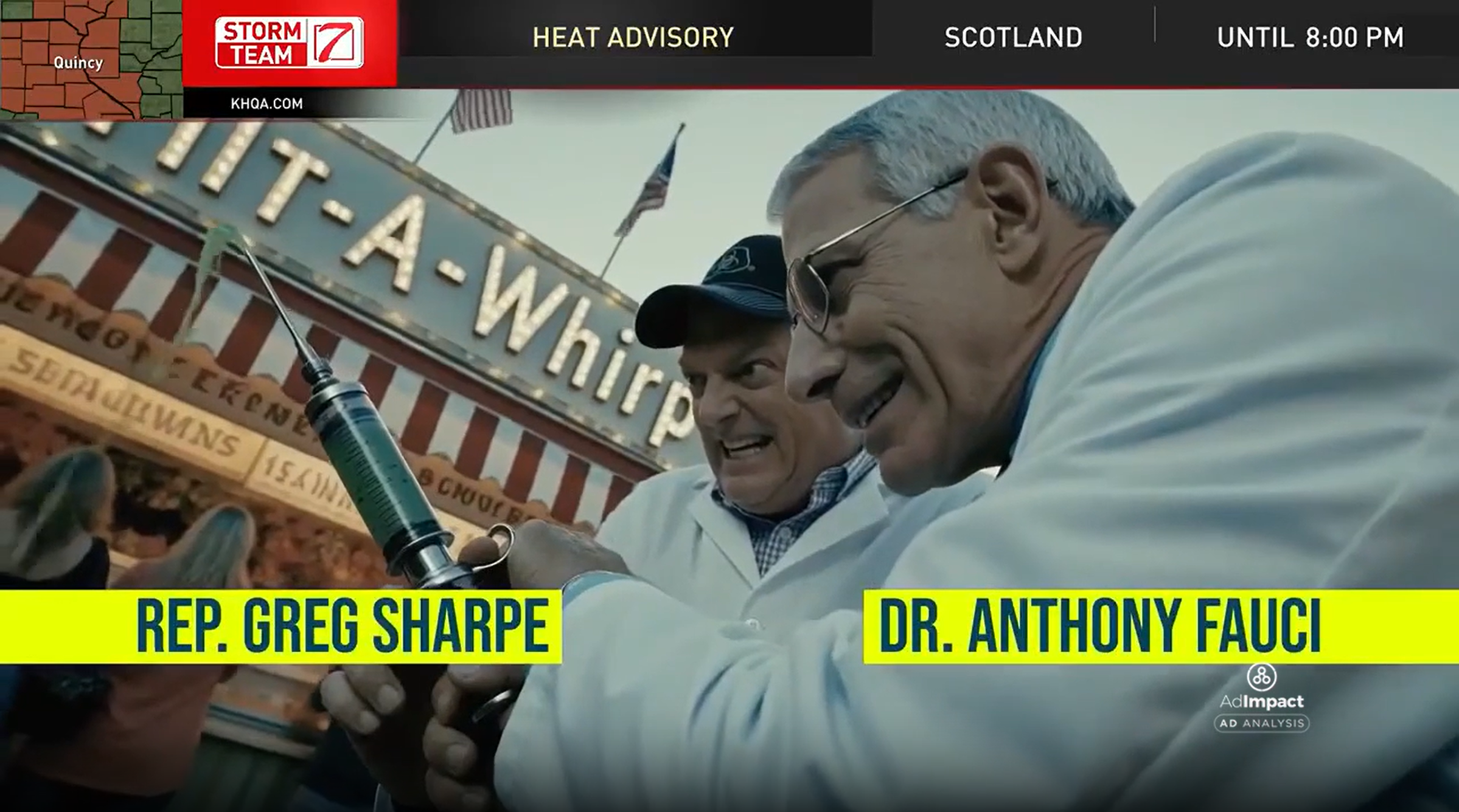 Still from an AI-generated political ad: Rep. Greg Sharpe beside a fake Dr. Anthony Fauci holding a giant syringe at a state fair