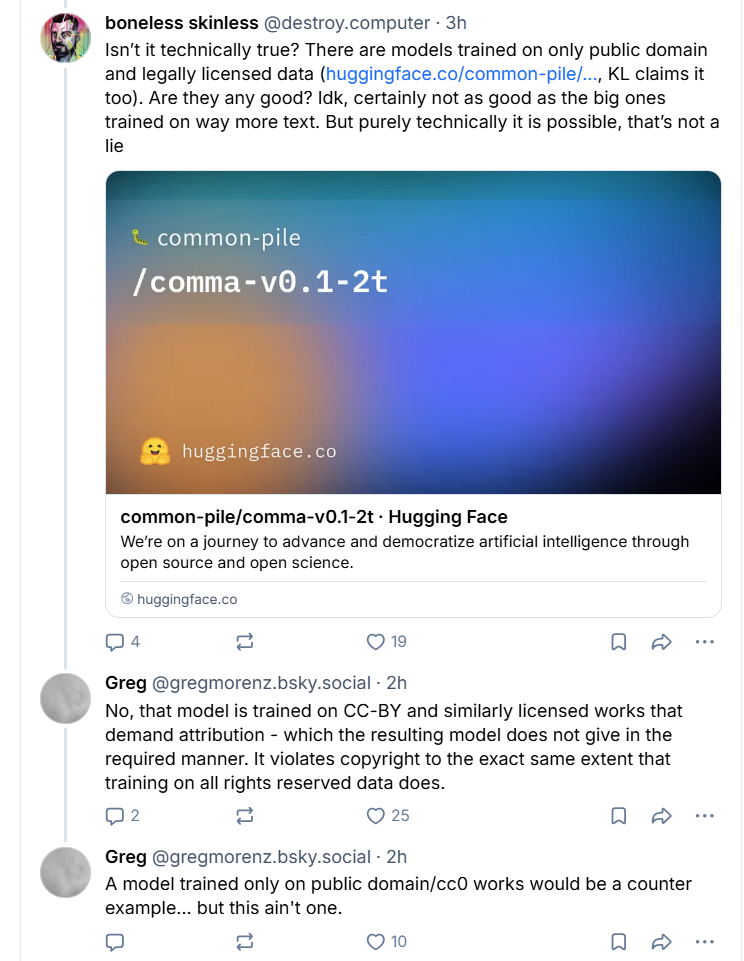 Bluesky thread: boneless skinless points to Common Pile’s Comma v0.1-2T as a model trained on public domain and licensed data; Greg replies that CC-BY works require attribution the model does not give