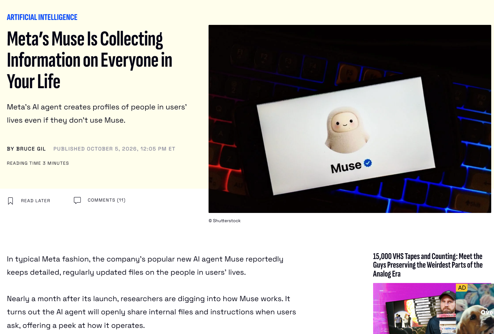 Gizmodo headline: Meta’s Muse Is Collecting Information on Everyone in Your Life. Meta’s AI agent creates profiles of people in users’ lives even if they don’t use Muse.