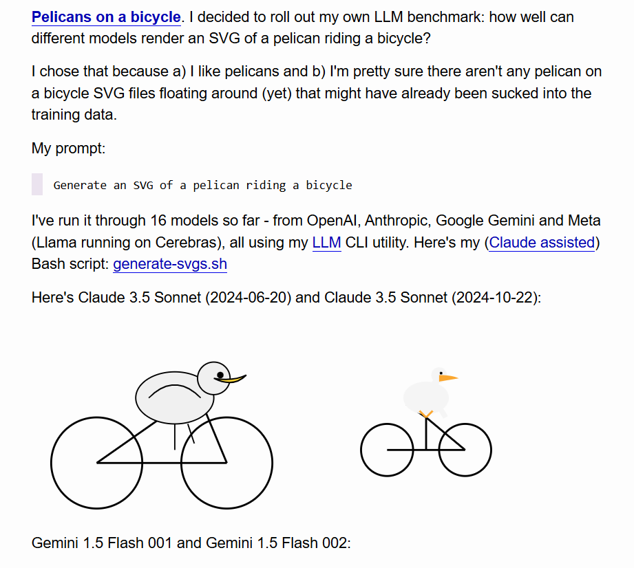 Willison introduces his benchmark, “Generate an SVG of a pelican riding a bicycle,” with Claude 3.5 Sonnet’s two sparse line drawings