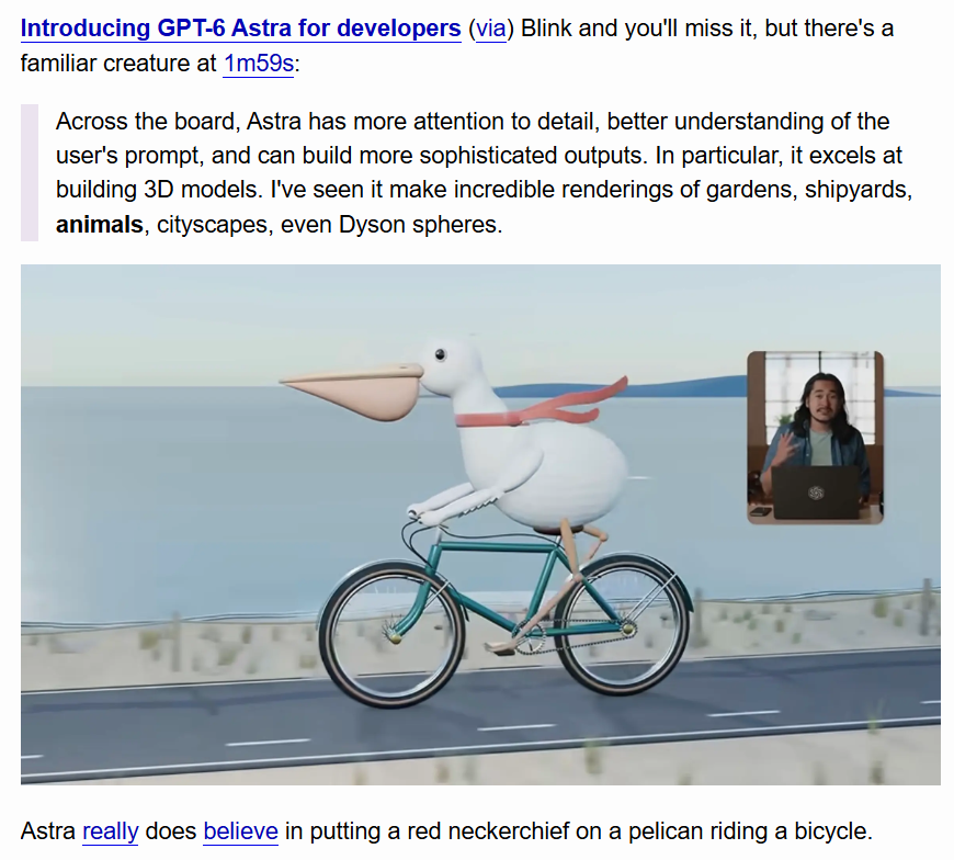 A 3D-rendered pelican in a red neckerchief riding a bicycle along a waterfront, from OpenAI’s GPT-6 Astra developer video