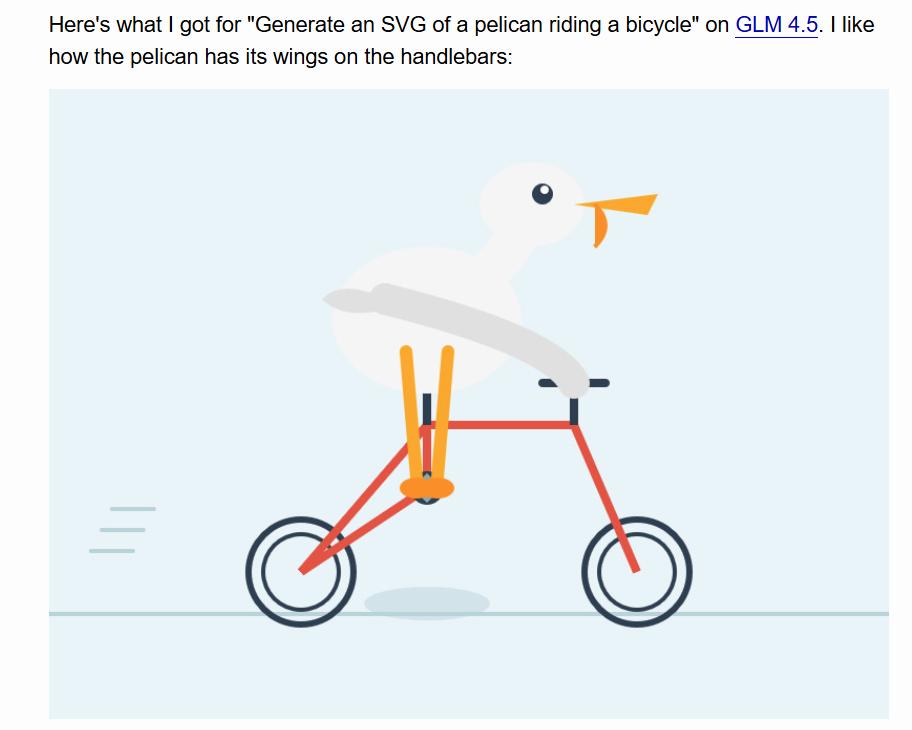 GLM-4.5’s pelican: a white bird on a red bicycle with its wings on the handlebars