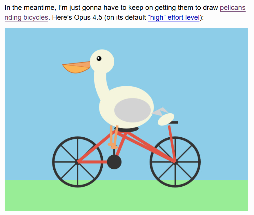 Claude Opus 4.5’s pelican on a red bicycle; the frame is wrong and the pelican faces backwards