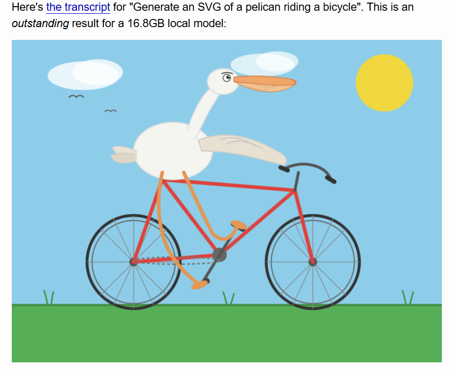 Qwen3.6-27B’s pelican: a correctly shaped bicycle with spokes and chain, clouds, birds, grass, and sun