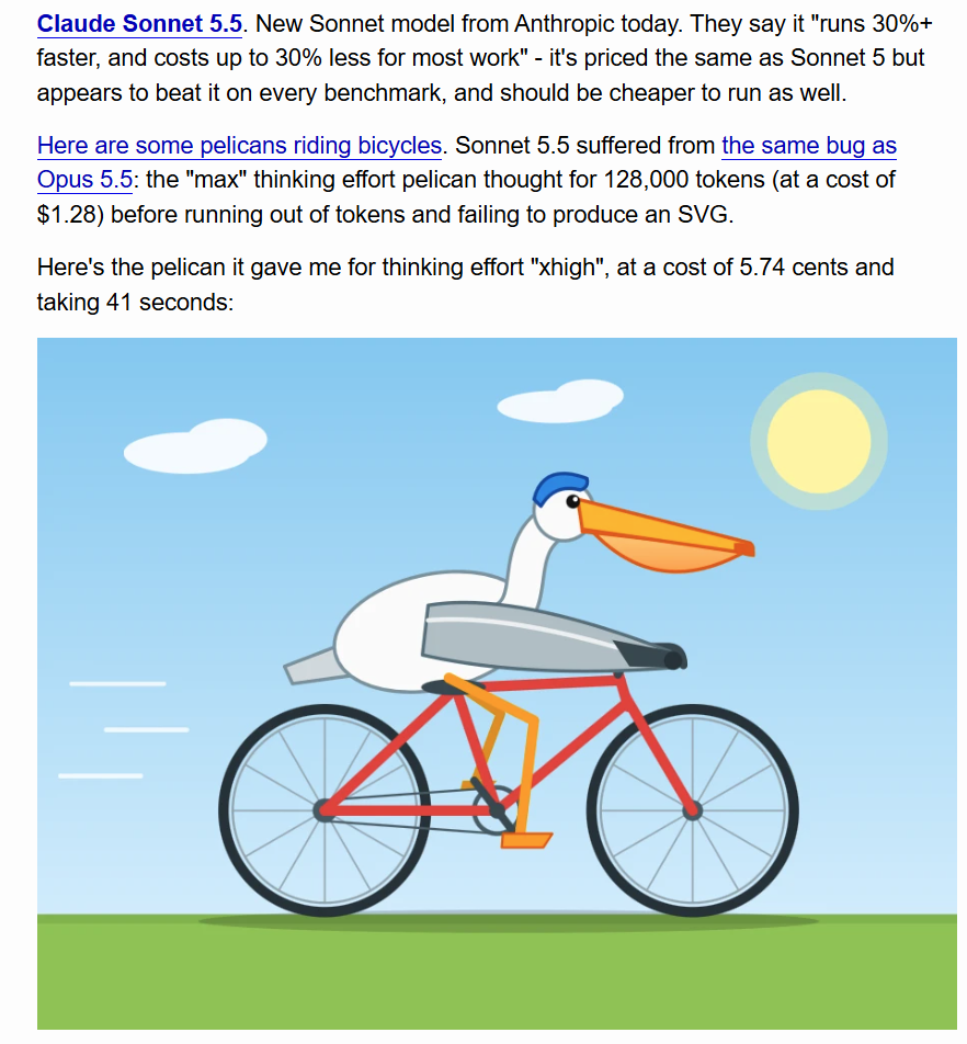 Claude Sonnet 5.5’s pelican: correct bicycle frame, feet on the pedals, wearing a misshapen blue helmet