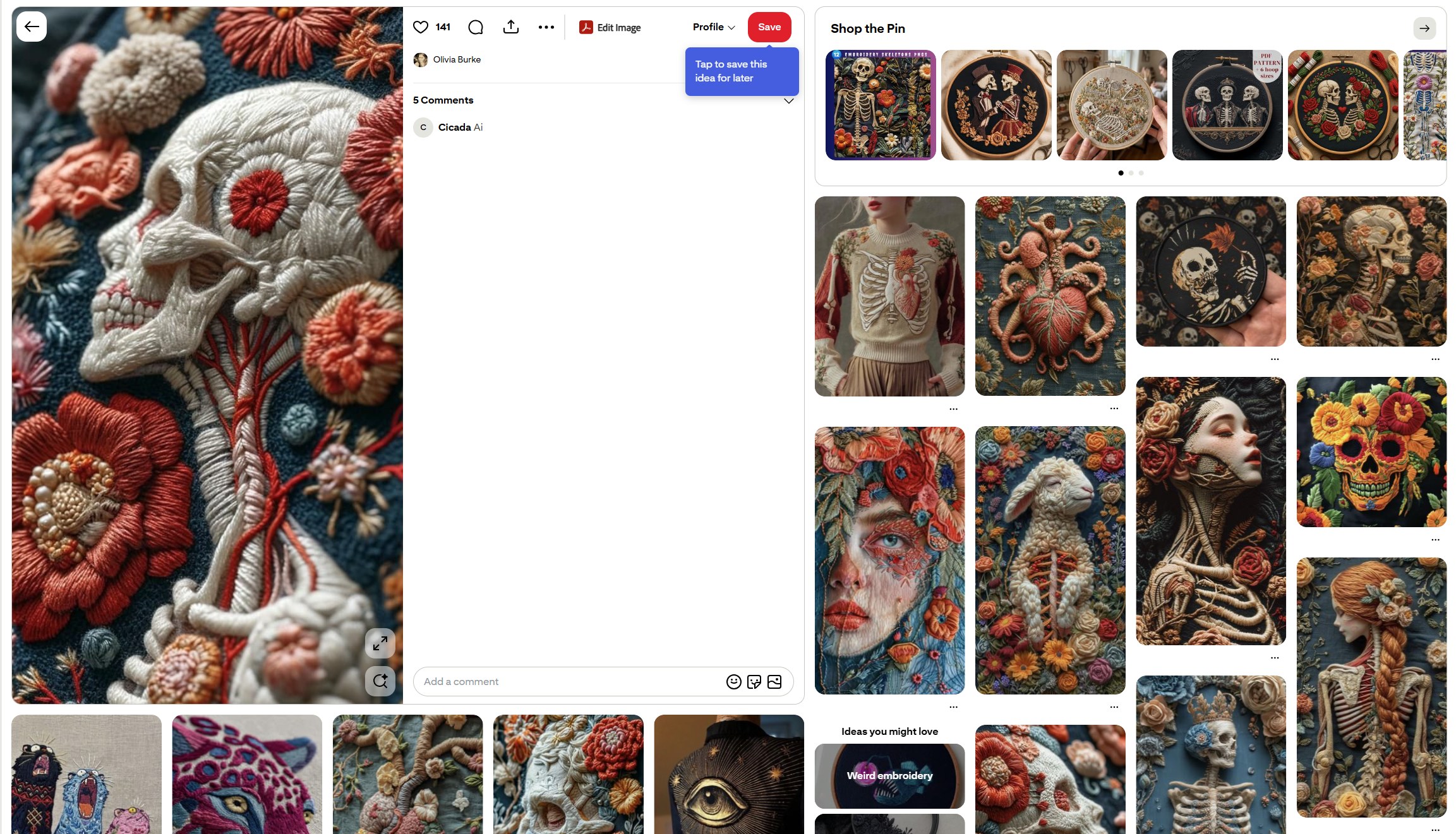 A Pinterest pin of an AI-generated “embroidered” skull with flowers, surrounded by recommended pins of similar AI embroidery images and a Shop the Pin carousel