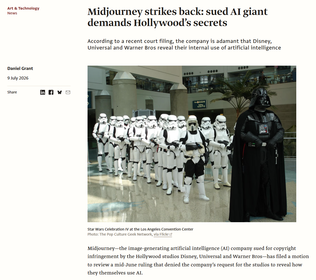 The Art Newspaper headline: Midjourney strikes back: sued AI giant demands Hollywood's secrets. According to a recent court filing, the company is adamant that Disney, Universal and Warner Bros reveal their internal use of artificial intelligence. By Daniel Grant, 9 July 2026