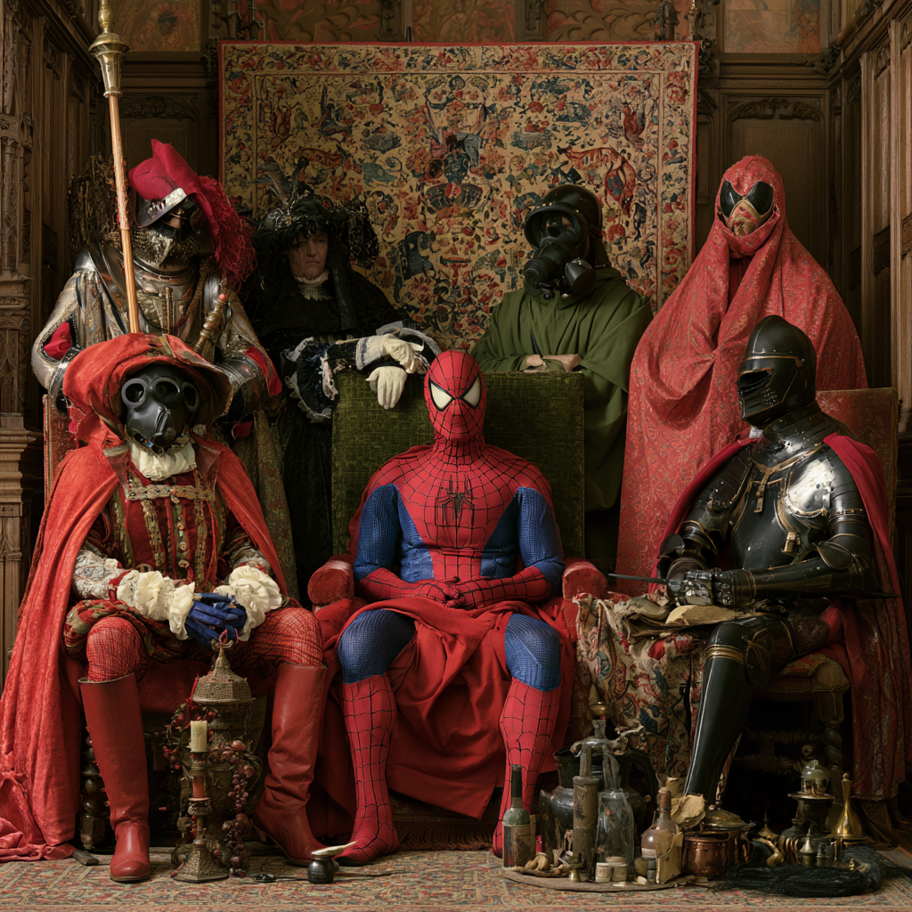 The same prompt regenerated in September 2026: five figures in a Flemish interior, including a green-armored knight, a red-cloaked woman, and Iron Man