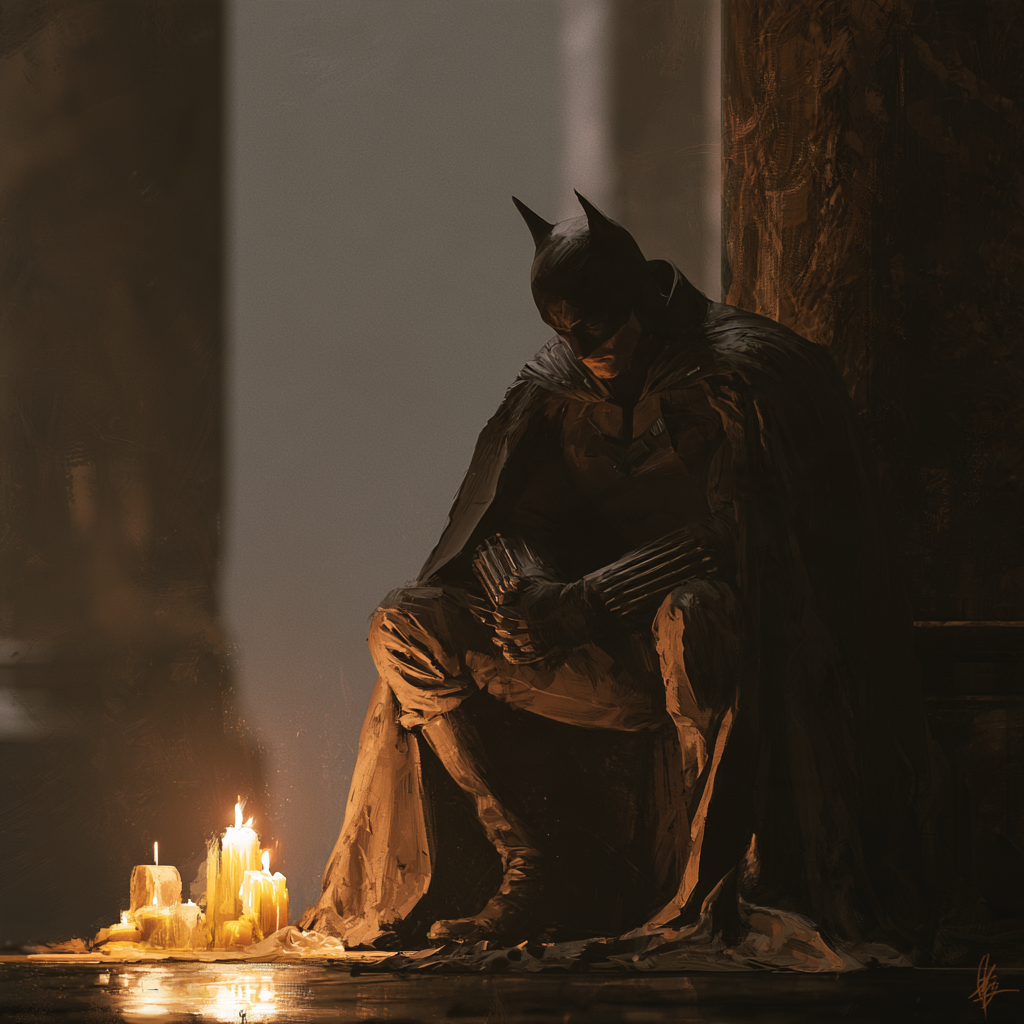 A painterly Batman seated in shadow beside a cluster of lit candles on the floor, head bowed, cape pooled around him
