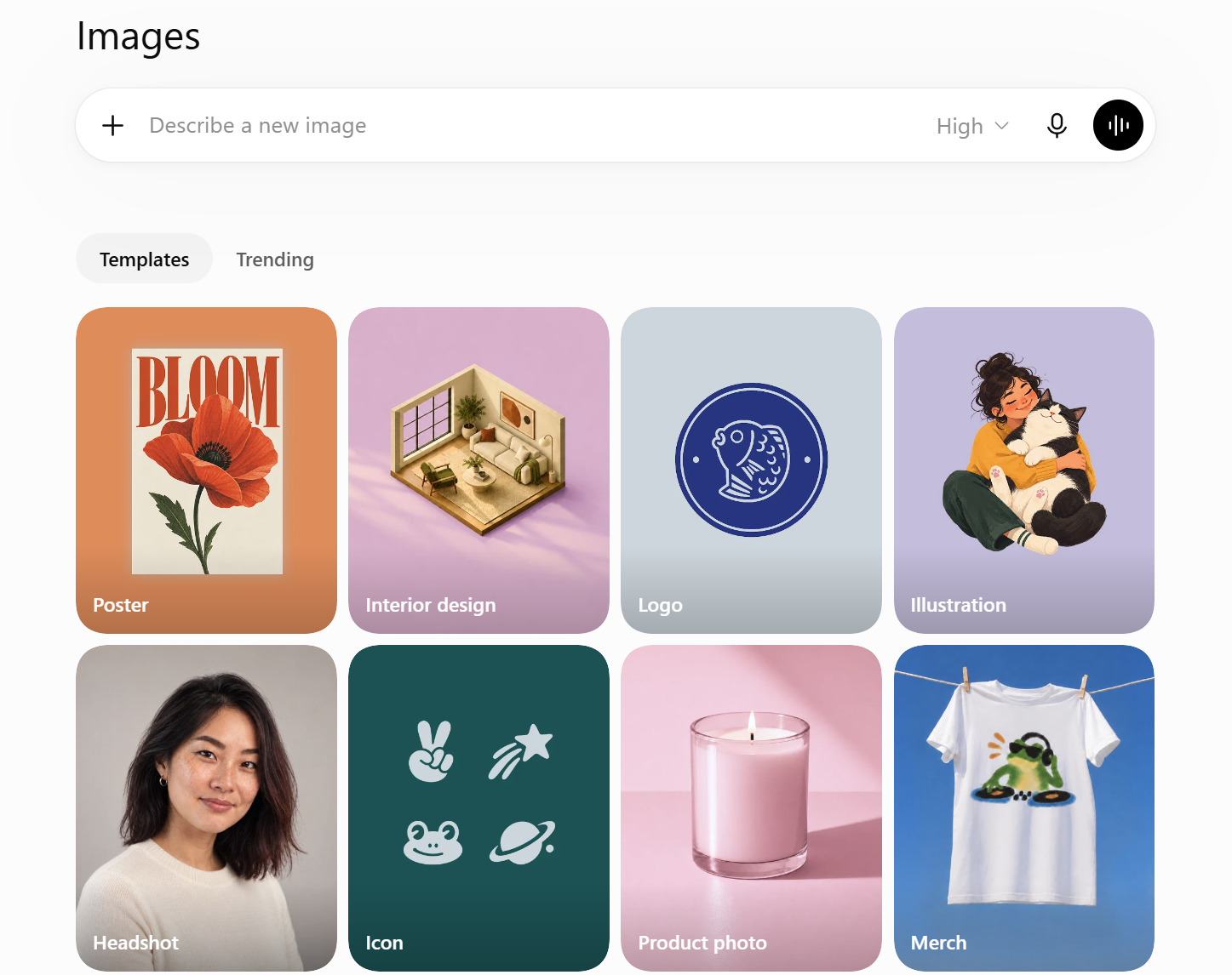 ChatGPT Images screen: a prompt box reading Describe a new image with a High quality selector, and a Templates row offering Poster, Interior design, Logo, Illustration, Headshot, Icon, Product photo, and Merch