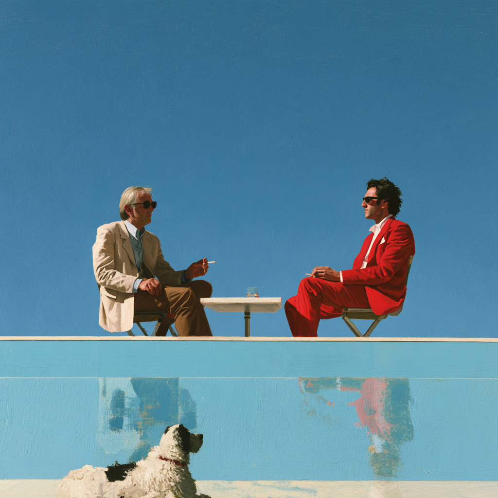Two men in suits, one beige and one red, seated at a small table on the edge of a swimming pool under a flat blue sky, a white dog reflected in the water below