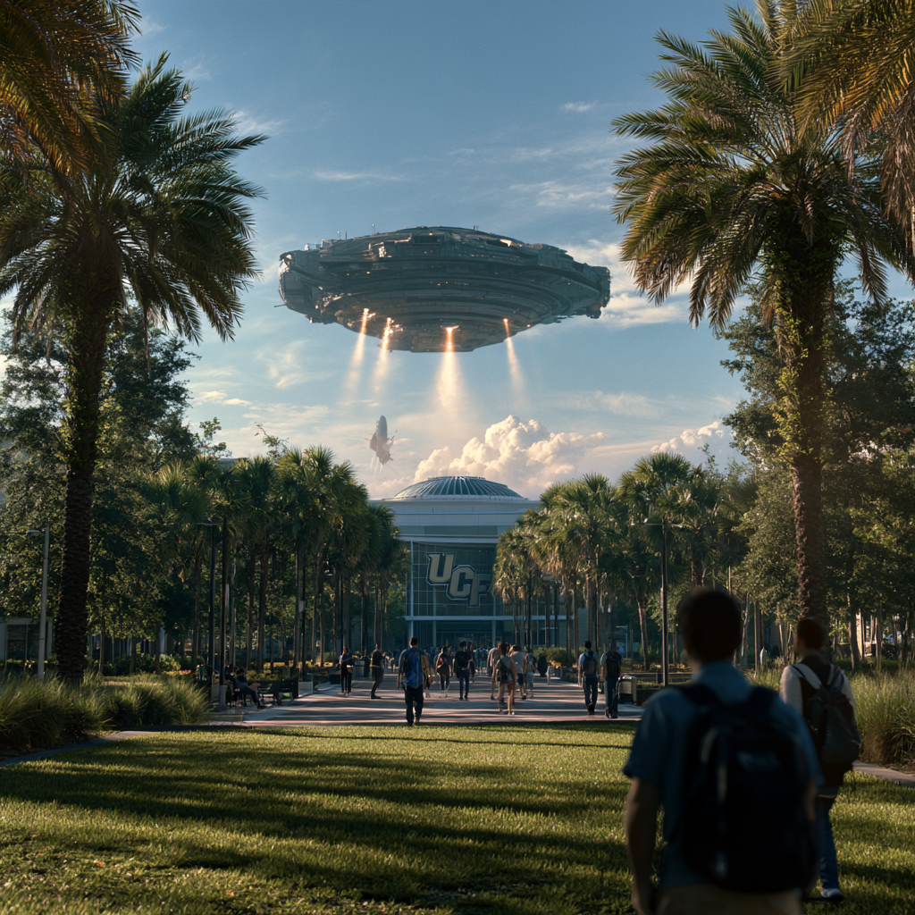 Photorealistic generated image: a massive saucer-shaped spaceship hovers over the UCF campus mall with landing beams lit, palm trees on either side, students walking toward the UCF Student Union
