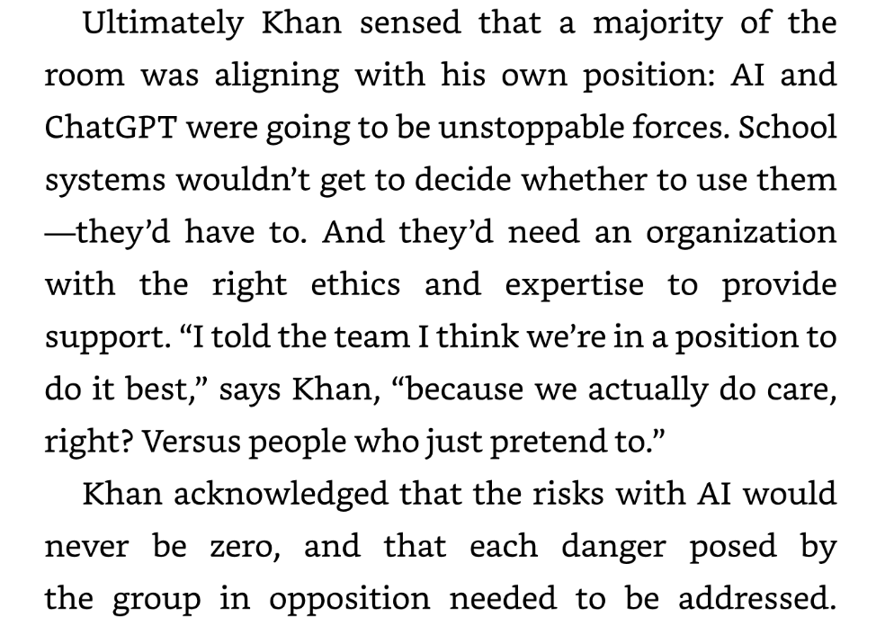 AI for Good excerpt: Khan senses the room agreeing that AI and ChatGPT are unstoppable, and says Khan Academy can do it best “because we actually do care.”