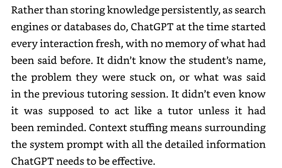 AI for Good excerpt: ChatGPT started every interaction fresh, with no memory; context stuffing surrounds the system prompt with the information it needs
