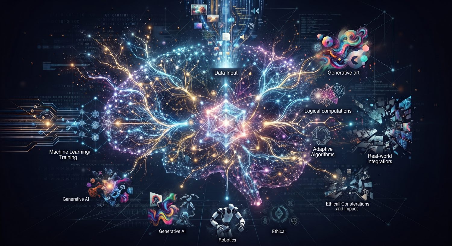 Gemini-generated illustration of a glowing neural network shaped like a brain, labeled with data input, machine learning, generative AI, generative art, robotics, and ethical considerations