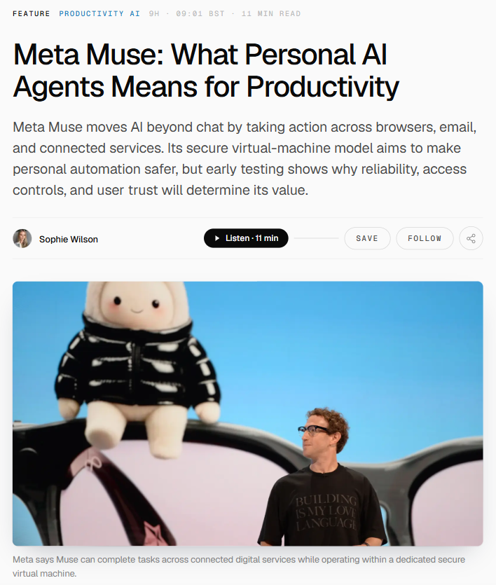 UC Today headline: Meta Muse: What Personal AI Agents Means for Productivity, over a photo of a plush Muse character beside Mark Zuckerberg on stage