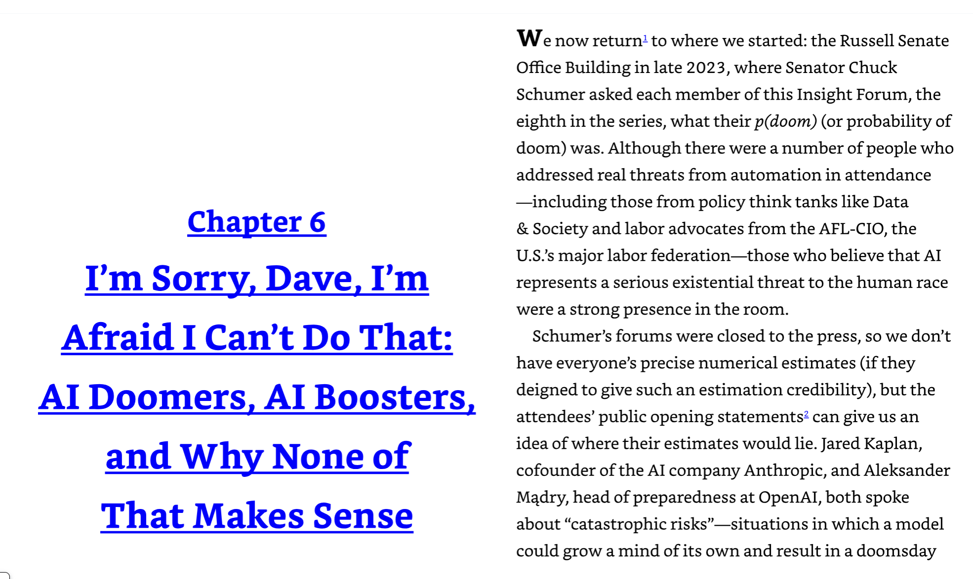 Chapter 6 opening page beside its first paragraph: Senator Schumer asking each member of the 2023 AI Insight Forum for their p(doom), the probability of doom