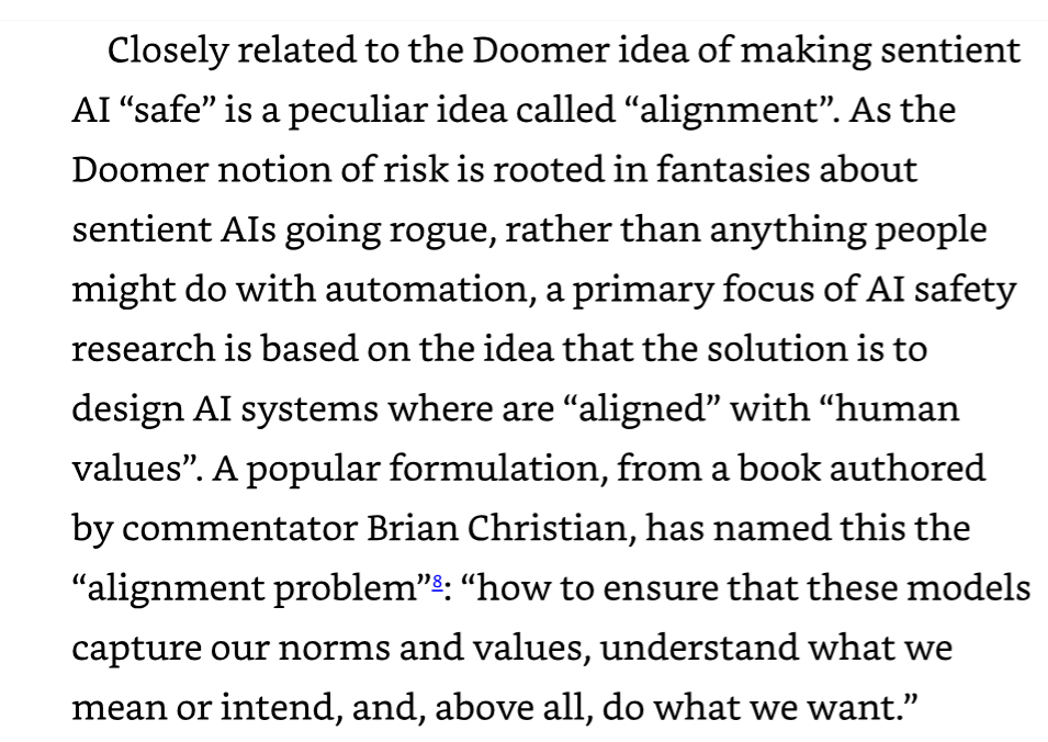 Passage on alignment: AI safety research focused on making AI systems aligned with human values, Brian Christian’s alignment problem