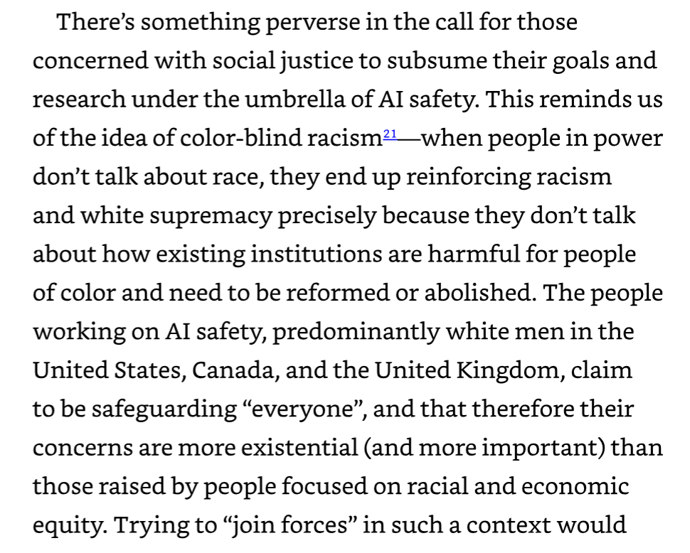 Passage on the perversity of asking social justice researchers to subsume their goals under AI safety, compared to color-blind racism