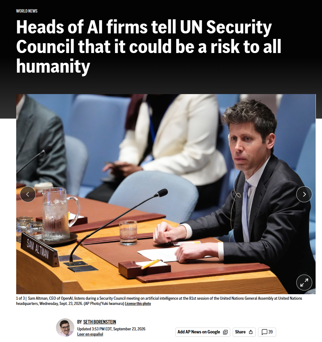 AP News headline: Heads of AI firms tell UN Security Council that it could be a risk to all humanity, over a photo of Sam Altman at the Security Council, Sept. 23, 2026