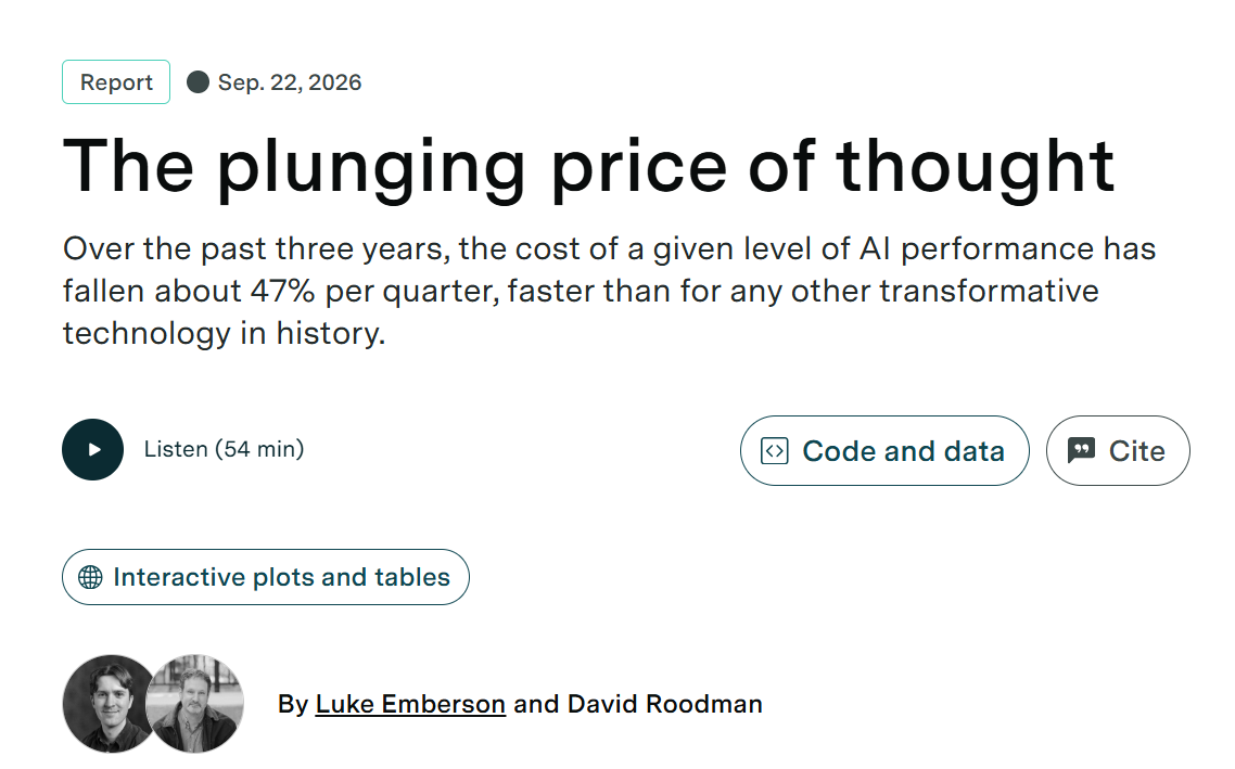 Epoch AI report header: The plunging price of thought, Sept. 22, 2026: the cost of a given level of AI performance has fallen about 47% per quarter over three years