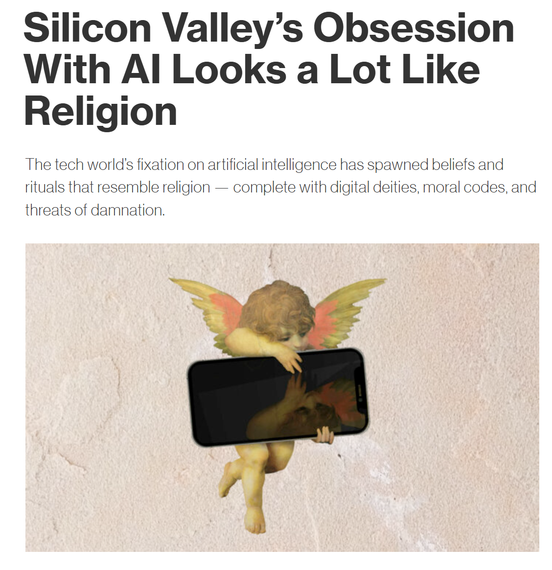 MIT Press Reader headline: Silicon Valley’s Obsession With AI Looks a Lot Like Religion, over a cherub clutching a smartphone