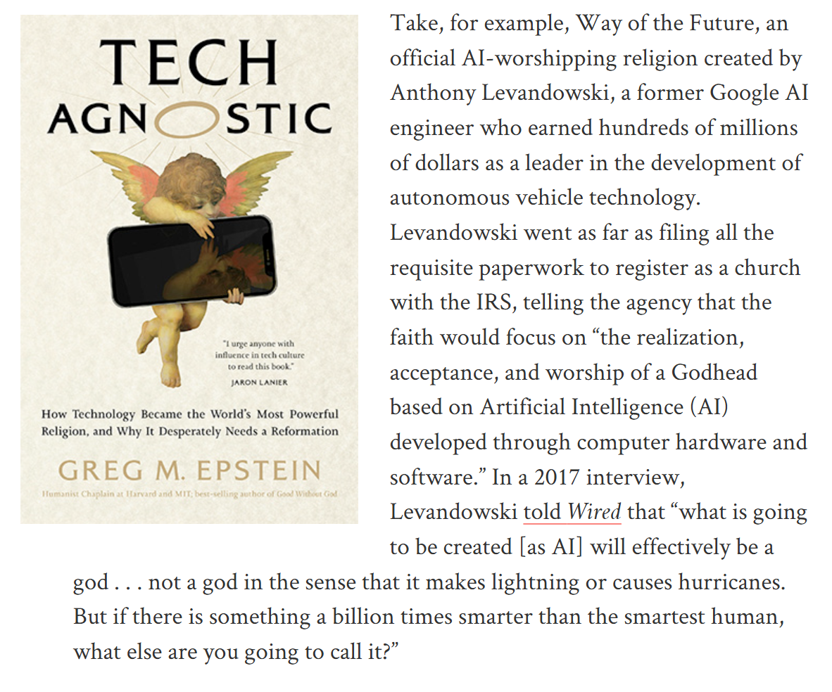 Epstein’s Tech Agnostic cover beside a passage on Anthony Levandowski’s Way of the Future, an AI-worshipping church registered with the IRS