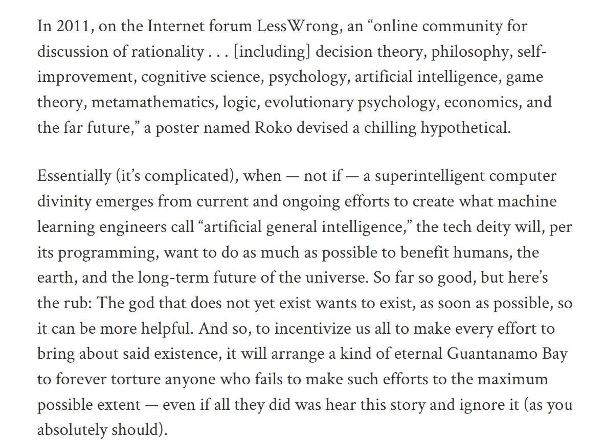 Epstein’s passage on Roko’s basilisk, the 2011 LessWrong hypothetical of a future AI that punishes anyone who failed to help create it