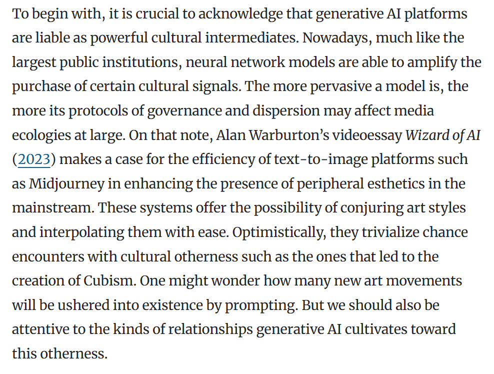 Menotti on generative AI platforms as powerful cultural intermediates, citing Alan Warburton’s Wizard of AI on Midjourney and peripheral aesthetics
