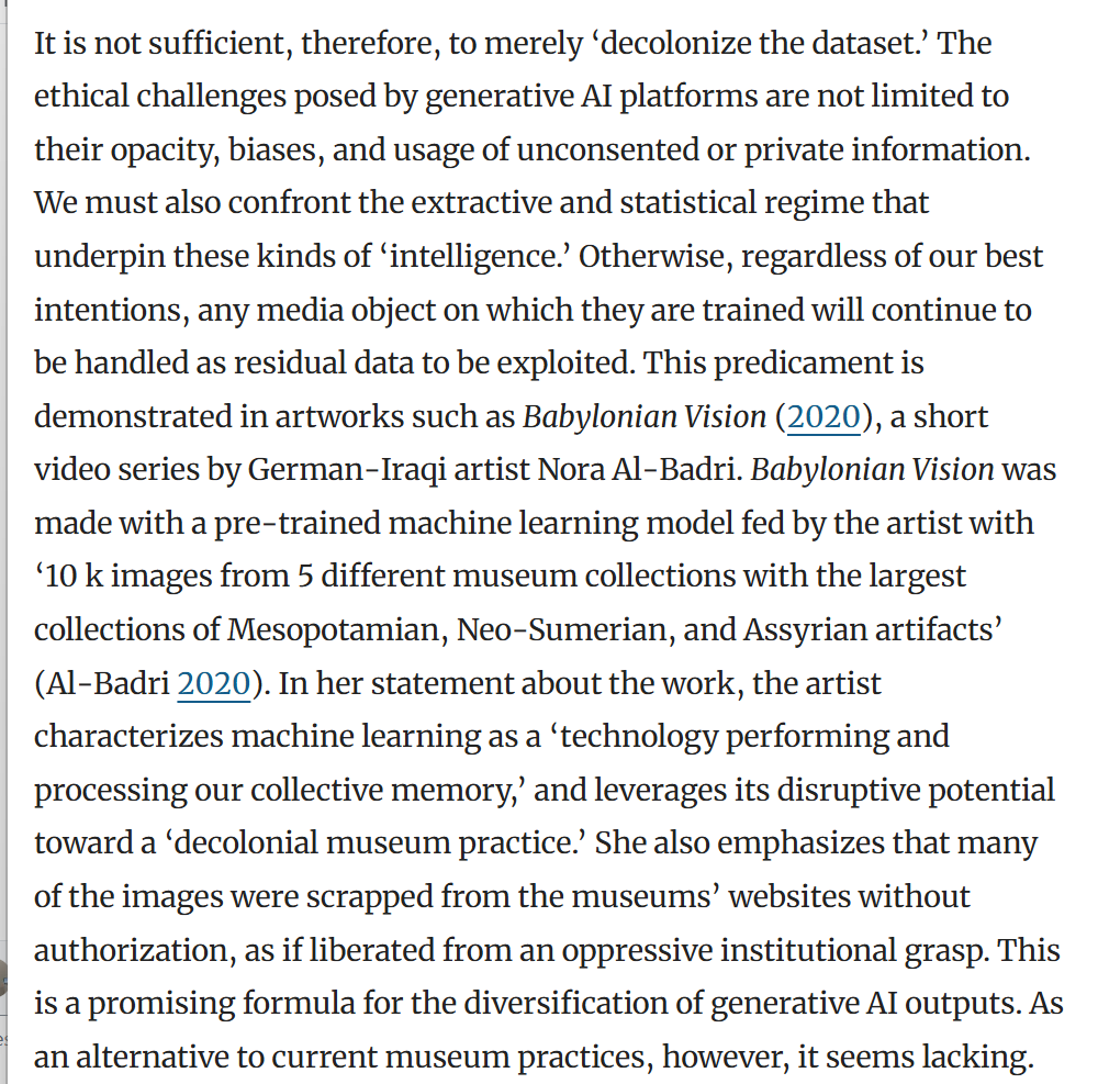 Menotti: it is not sufficient to decolonize the dataset; discussion of Nora Al-Badri’s Babylonian Vision, trained on 10k images from five museum collections