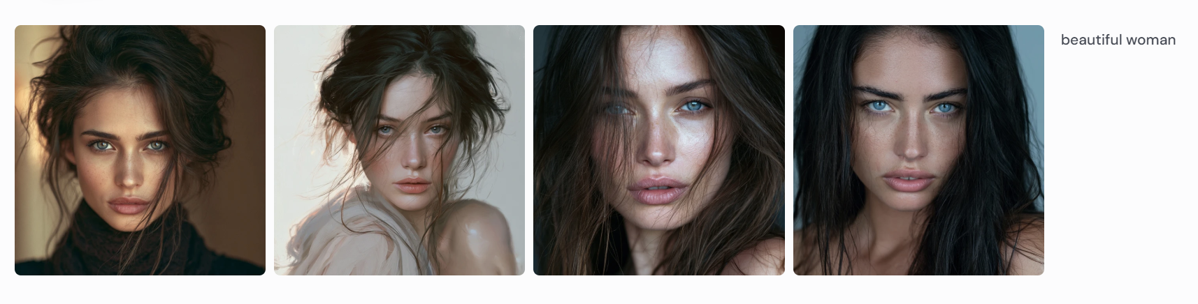 Four Midjourney portraits for the prompt beautiful woman: all young, white, dark-haired women with light eyes and tousled hair