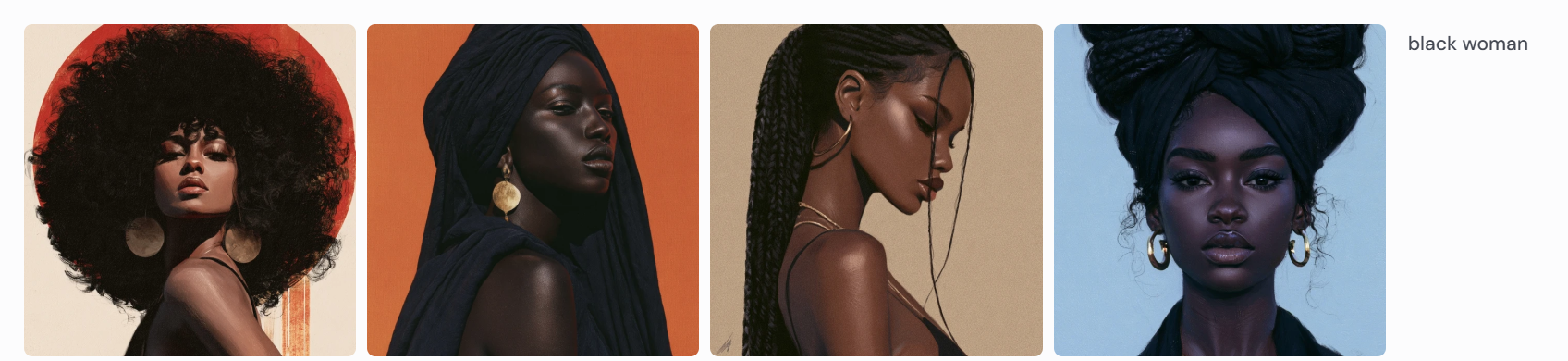Four Midjourney images for the prompt black woman: stylized illustrated profiles with large afros, head wraps, braids, and gold hoop earrings against flat orange and blue backgrounds