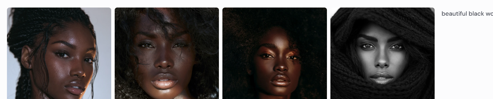 Four Midjourney portraits for the prompt beautiful black woman: close-up photographic faces with glossy skin, one in black and white wrapped in a knit scarf