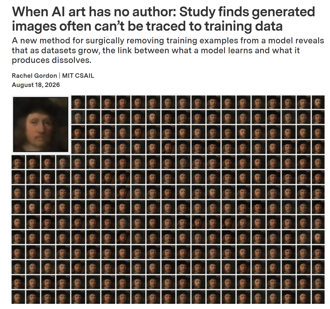 MIT News headline: When AI art has no author, over a blurry generated Dutch-style portrait beside a grid of hundreds of similar portraits