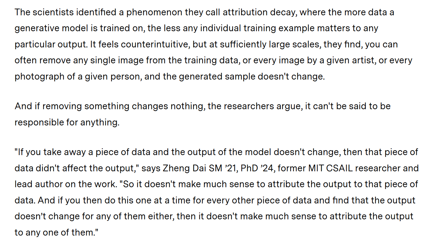 Passage on attribution decay: the more data a generative model is trained on, the less any single training example matters; Zheng Dai: if you take away a piece of data and the output doesn’t change, that data didn’t affect the output