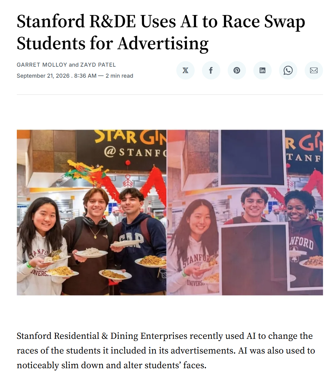 Stanford Review headline: Stanford R&DE Uses AI to Race Swap Students for Advertising, over an original dining-hall photo of three students beside the AI-altered ad in which two of them have been replaced
