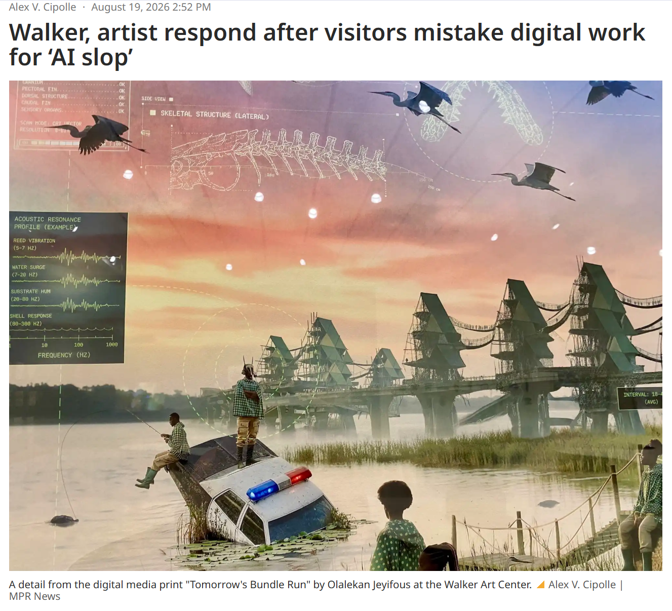 MPR News headline: Walker, artist respond after visitors mistake digital work for AI slop, over a detail of Olalekan Jeyifous’s print Tomorrow’s Bundle Run: figures fishing from a sunken police car before stilted towers, herons, and diagnostic overlays