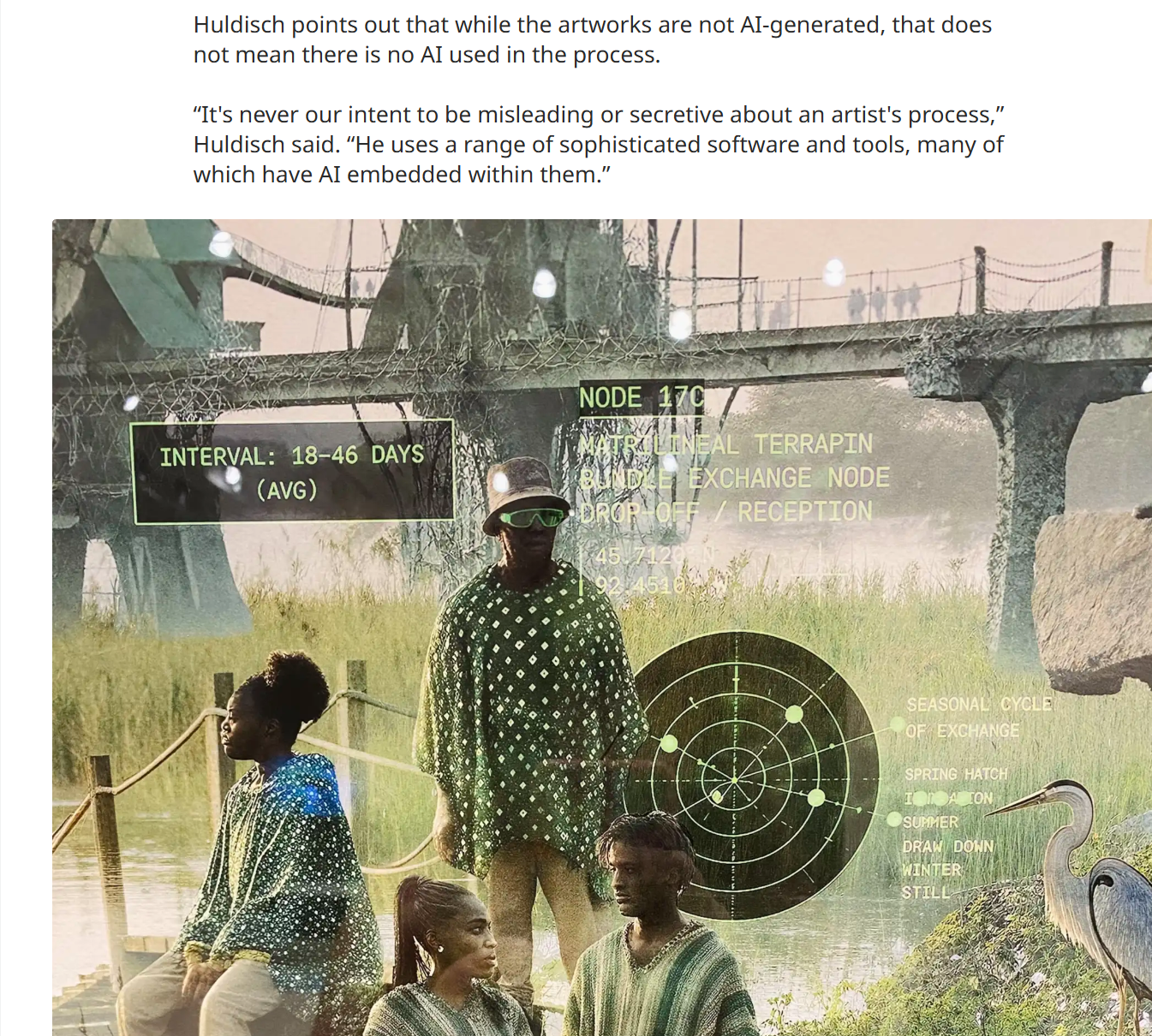 Curator Henriette Huldisch: the artworks are not AI-generated, but he uses a range of sophisticated software and tools, many with AI embedded; below, a detail of the print with figures in patterned ponchos and a radar-style overlay