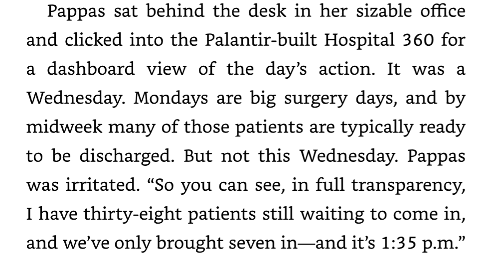 AI for Good excerpt: Pappas opens the Palantir-built Hospital 360 dashboard: thirty-eight patients still waiting to come in, only seven brought in, and it is 1:35 p.m.