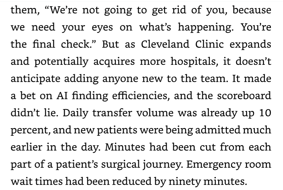 AI for Good excerpt: the transfer team is told it is the final check, but Cleveland Clinic does not plan to add anyone new; transfer volume up 10 percent and ER waits down ninety minutes