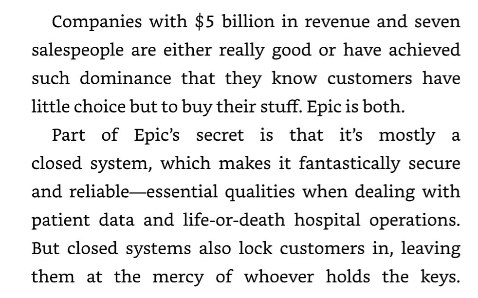 AI for Good excerpt: Epic, with five billion dollars in revenue and seven salespeople, is a closed system that is secure and reliable but locks customers in