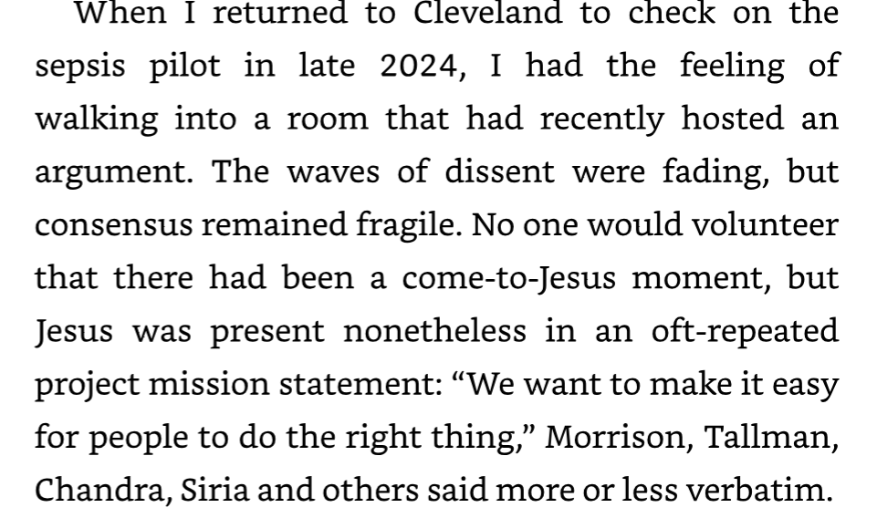 AI for Good excerpt: back in Cleveland in late 2024, consensus on the sepsis pilot is fragile; the mission statement is We want to make it easy for people to do the right thing