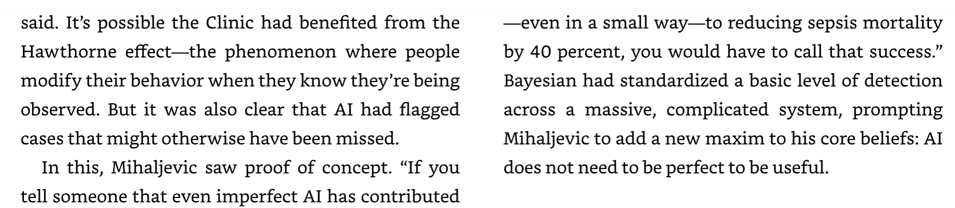 AI for Good excerpt: the sepsis pilot may have benefited from the Hawthorne effect, but AI flagged missed cases; Mihaljevic adds a maxim: AI does not need to be perfect to be useful