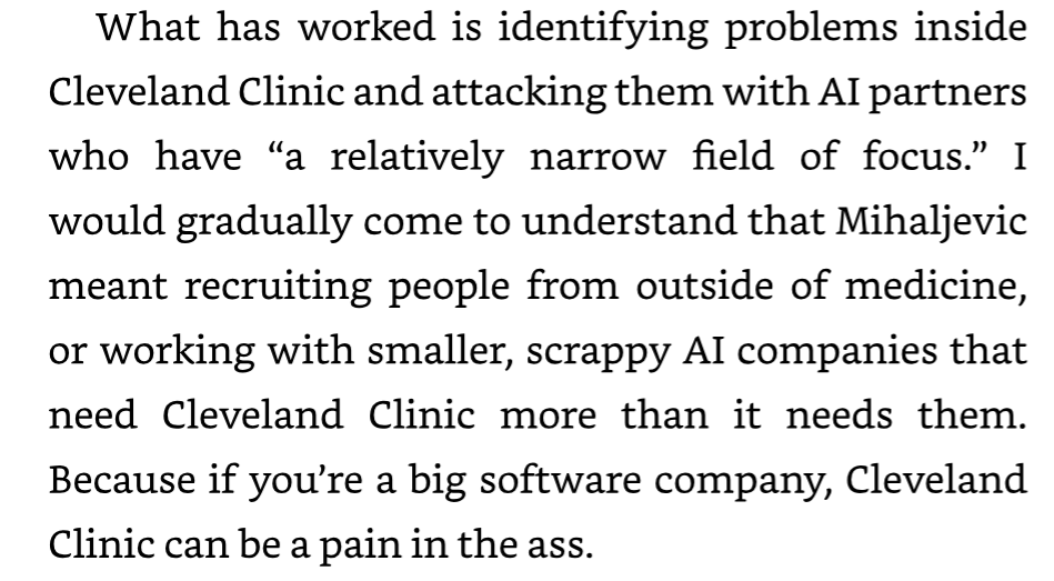 AI for Good excerpt: what has worked at Cleveland Clinic is attacking internal problems with narrowly focused AI partners, often outsiders or scrappy companies, because Cleveland Clinic can be a pain for big software companies